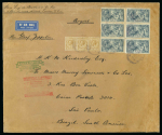 Stamp of Great Britain » King George V » 1913-19 Seahorse Issues 1918-19 Bradbury Wilkinson 10s dull grey blue in block of four and two single on Zeppelin cover