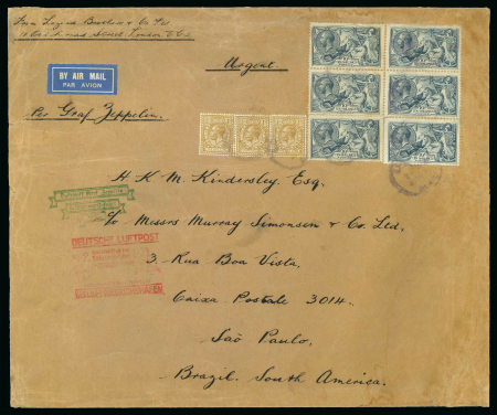 Stamp of Great Britain » King George V » 1913-19 Seahorse Issues 1918-19 Bradbury Wilkinson 10s dull grey blue in block of four and two single on Zeppelin cover
