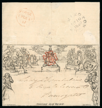 Stamp of Great Britain » 1840 Mulreadys & Caricatures » May Dates 1840 (May 10) 1d Mulready lettersheet cancelled by a good strike of the red Maltese cross, a rare first Sunday usage