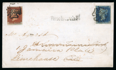 Stamp of Great Britain » 1840 2d Blue (ordered by plate number) 1840 2d blue pl.2 RH on cover sent to the City of London and then re-addressed to Limehouse with additional 1841 1d red