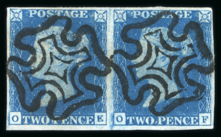Stamp of Great Britain » 1840 2d Blue (ordered by plate number) 1840 2d deep blue pl.2 OE-OF in horizontal pair with two crisp strikes of  black MC