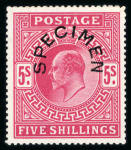Stamp of Great Britain » King Edward VII » 1902-10 De La Rue Issues 1902 2s6d lilac, 5s bright carmine, 10s ultramarine & £1 dull blue green, each overprinted "SPECIMEN" horse shoe type 17