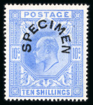 Stamp of Great Britain » King Edward VII » 1902-10 De La Rue Issues 1902 2s6d lilac, 5s bright carmine, 10s ultramarine & £1 dull blue green, each overprinted "SPECIMEN" horse shoe type 17