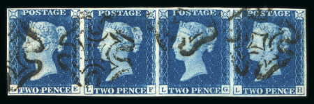 Stamp of Great Britain » 1840 2d Blue (ordered by plate number) 1840 2d deep blue pl.2 LE-LH strip of four, used