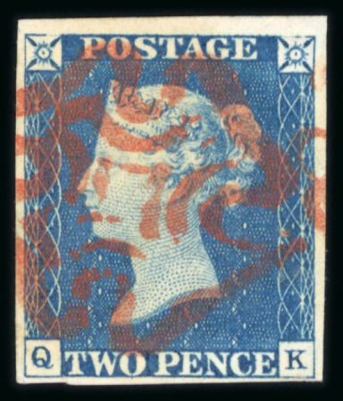 Stamp of Great Britain » 1840 2d Blue (ordered by plate number) 1840 2d blue pl.1 QK, fine to large margins, red Maltese cross, tiny closed tear