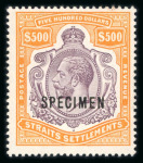 Stamp of Malaysia » Straits Settlements 1912-23 multi CA $500 purple and orange-brown mint overprinted "SPECIMEN"