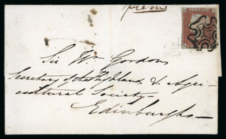 Stamp of Great Britain » Distinctive Maltese Cross Cancellations 1841 1d red-brown on with four margins on cover to Edinburgh tied fine strike in black of the Settle distinctive MC