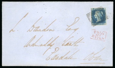 Stamp of Great Britain » 1841 2d Blue 1841 2d blue pl.3 HL on cover tied by Scottish numeral with "Paid 6d Extra" boxed hs in red below
