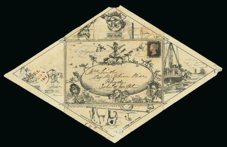 Stamp of Great Britain » 1840 Mulreadys & Caricatures » Caricatures 1840 Hume’s Comic Envelope, state 3: No.1, ‘’Britannia seated on egg’’ to Isle of Wight bearing 1d black pl.4 JC