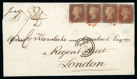 Stamp of Great Britain » 1840 1d Black and 1d Red plates 1a to 11 1841 1d red-brown pl.2 from the "black" printing, four singles on lettersheet from Erme Bridge (Devon) to London tied by red MCs