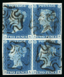 Stamp of Great Britain » 1840 2d Blue (ordered by plate number) 1840 2d blue pl.2 AA/BB in block of four with good margins and neat strikes of a black MC