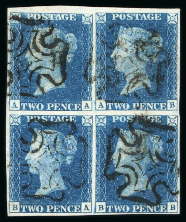 Stamp of Great Britain » 1840 2d Blue (ordered by plate number) 1840 2d blue pl.2 AA/BB in block of four with good margins and neat strikes of a black MC