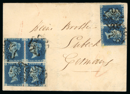 Stamp of Great Britain » 1840 2d Blue (ordered by plate number) 1840 2d blue pl.2 AK-AL pair and BK/CL in block of four on cover to Lubeck in Germany