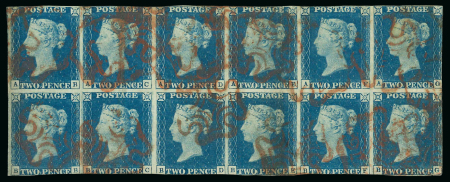 Stamp of Great Britain » 1840 2d Blue (ordered by plate number) 1840 2d blue pl.1 AB-BG used block of 12 with red MC cancels, and pl.2 AA-BF used block of 12 with black MC cancels