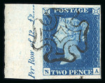 Stamp of Great Britain » 1840 2d Blue (ordered by plate number) 1840 2d deep blue pl.2 NA, a magnificent left hand marginal inscription example with full, upright strike of black MC
