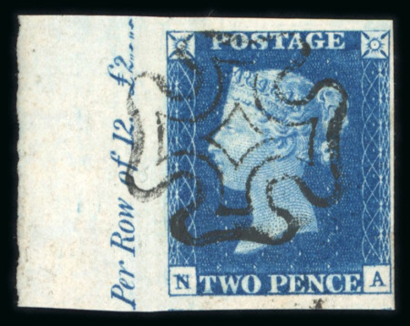 Stamp of Great Britain » 1840 2d Blue (ordered by plate number) 1840 2d deep blue pl.2 NA, a magnificent left hand marginal inscription example with full, upright strike of black MC