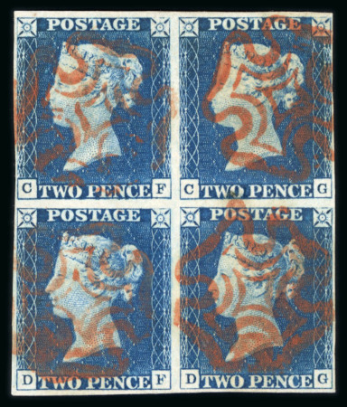 Stamp of Great Britain » 1840 2d Blue (ordered by plate number) 1840 2d bright blue pl.1 CF-DG in block of four with clear to good margins and fine strikes of a red MC