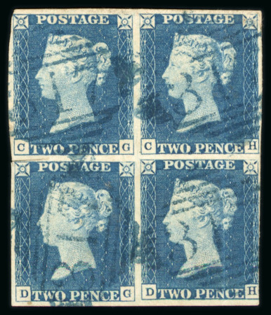 Stamp of Great Britain » 1840 2d Blue (ordered by plate number) 1840 2d blue pl.1 CG/DH block of 4, margins just touched at lower right, with the "317" 1844-type numerals in blue