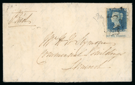 Stamp of Great Britain » 1840 2d Blue (ordered by plate number) 1840 2d blue pl.1 TL lower right corner marginal inscription example on cover from Ireland