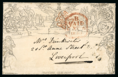 Stamp of Great Britain » 1840 Mulreadys & Caricatures » May Dates 1840 (May 6) 1d Mulready envelope with a London Tombstone in red dated 6 MY 1840 on the first day of issue