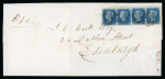 Stamp of Great Britain » 1840 2d Blue (ordered by plate number) 1840 2d blue pl.1 AI-AL horizontal strip of four, with large margins and showing small portion of marginal inscription at top, on entire to Edinburgh