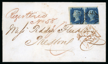 Stamp of Great Britain » 1840 2d Blue (ordered by plate number) 1841 (Jul 19) entire to Preston, endorsed "Registered/No 58/ 1/-" in red, bearing 1840 2d blue pl.2 pair