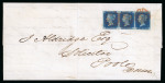 Stamp of Great Britain » 1840 2d Blue (ordered by plate number) 1840 2d deep blue pl.2 FD-FF horizontal strip of three on cover to Poole