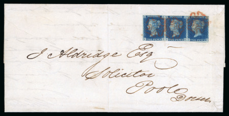 Stamp of Great Britain » 1840 2d Blue (ordered by plate number) 1840 2d deep blue pl.2 FD-FF horizontal strip of three on cover to Poole