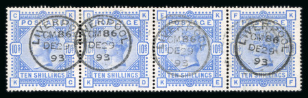 Stamp of Great Britain » 1855-1900 Surface Printed » 1883-84 & 1888 High Values 1883 10s ultramarine on white paper in used strip of 4 with four superb strikes of the 'Liverpool DE 29 93' cds
