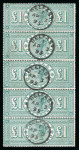 Stamp of Great Britain » 1855-1900 Surface Printed » 1887-1900 Jubilee Issue & 1891 £1 Green 1887-92 £1 green in vertical strip of five used with five fine strikes of the 'Belfast AP 3 95' cds