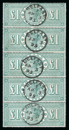 Stamp of Great Britain » 1855-1900 Surface Printed » 1887-1900 Jubilee Issue & 1891 £1 Green 1887-92 £1 green in vertical strip of five used with five fine strikes of the 'Belfast AP 3 95' cds