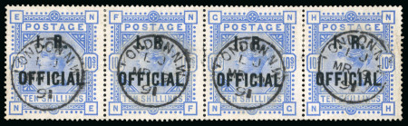 Stamp of Great Britain » Officials 1882-1901 I.R. Official overprinted (in blue-black) 10s ultramarine in fine used strip of four with neat strikes of 'London 1891' cds