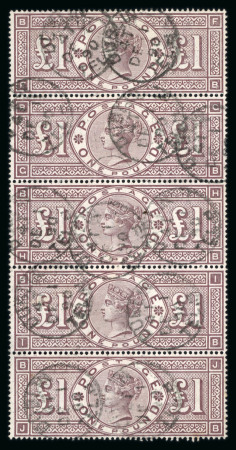 Stamp of Great Britain » 1855-1900 Surface Printed » 1883-84 & 1888 High Values 1884 wmk Crowns £1 brown-lilac in fine used vertical strip of five with light Dublin cds cancels