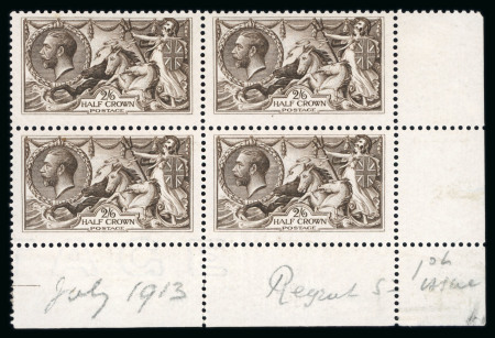 Stamp of Great Britain » King George V » 1913-19 Seahorse Issues 1913 Waterlow 2s6d Vandyke brown, mint block of four from the lower right of the sheet