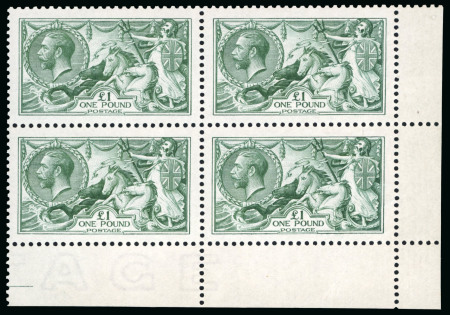 Stamp of Great Britain » King George V » 1913-19 Seahorse Issues 1913 Waterlow £1 blue-green in magnificent mint n.h. lower right corner marginal block of four
