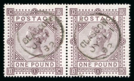 Stamp of Great Britain » 1855-1900 Surface Printed » 1867-83 High Values 1867-83 wmk MC £1 brown-lilac in used pair, each with fine Glasgow JY 11 82 cds