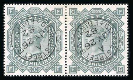 Stamp of Great Britain » 1855-1900 Surface Printed » 1867-83 High Values 1867-83 wmk MC 10s greenish grey used pair, each with crisply struck "George Street Edinb" JU 26 82 cds