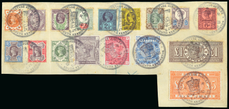 Stamp of Great Britain » 1855-1900 Surface Printed » 1867-83 High Values 1890 South Kensington Penny Post Jubilee "2 JY 90" cancels tying 17 values to large piece incl. £5 orange