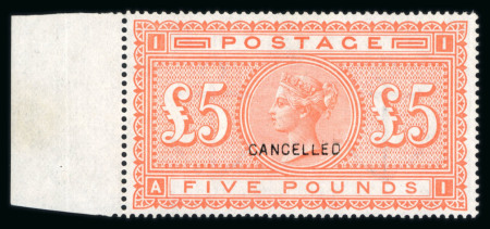 Stamp of Great Britain » 1855-1900 Surface Printed » 1867-83 High Values 1867-83 £5 orange left hand marginal overprinted CANCELLED (type 14) mint with large part o.g.,