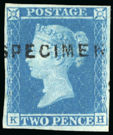 Stamp of Great Britain » 1841 2d Blue 1841 2d blue pl.4 KH overprinted "SPECIMEN" type 1, with four good to large margins, mint part o.g.