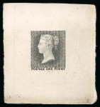 Stamp of Great Britain » Line Engraved Essays, Plate Proofs, Colour Trials and Reprints 1871 Ormond Hill die proof of the first (rejected) die of the One Penny stamp in black (fourth stage)
