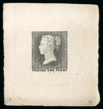 Stamp of Great Britain » Line Engraved Essays, Plate Proofs, Colour Trials and Reprints 1871 Ormond Hill die proof of the first (rejected) die of the One Penny stamp in black (fourth stage)