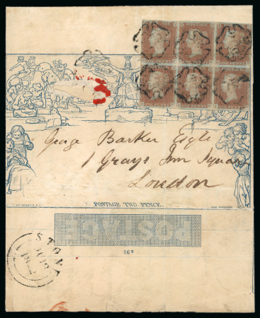 Stamp of Great Britain » 1840 Mulreadys & Caricatures » 2d Lettersheets and Envelopes 1840 Mulready 2d lettersheet, stereo a91, sent to London bearing 1841 1d red-brown in block of 6 tied black MC cancels