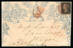 Stamp of Great Britain » 1840 Mulreadys & Caricatures » 2d Lettersheets and Envelopes 1840 (Sep 8) 2d Mulready envelope, stereo a202, sent from London to Wigan, uprated with 1840 1d black pl.6 QK