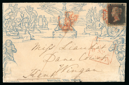 Stamp of Great Britain » 1840 Mulreadys & Caricatures » 2d Lettersheets and Envelopes 1840 (Sep 8) 2d Mulready envelope, stereo a202, sent from London to Wigan, uprated with 1840 1d black pl.6 QK