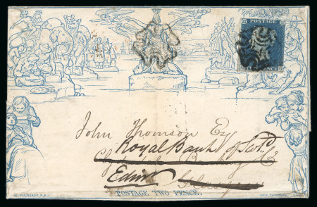 Stamp of Great Britain » 1840 Mulreadys & Caricatures » 2d Lettersheets and Envelopes 1842 (Aug 20) 2d Mulready from Dumfries to Glasgow (Scotland) with 1840 2d blue pl.1 OG