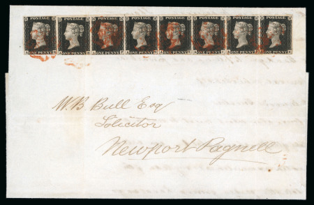 Stamp of Great Britain » 1840 1d Black and 1d Red plates 1a to 11 1840 1d black pl.4 in horizontal strip of 7 (AE-AK) with single (AD) on cover from Stratford-Stone