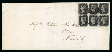 Stamp of Great Britain » 1840 1d Black and 1d Red plates 1a to 11 1840 1d black pl.6 FA/GC block of 6 on entire from Holt to Norwich (excised and replaced)