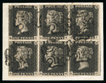 Stamp of Great Britain » 1840 1d Black and 1d Red plates 1a to 11 1840 1d black pl.8 QD-RF used block of six with good to large margins, neatly tied to small piece