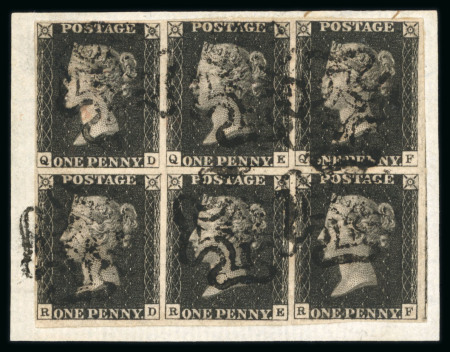 Stamp of Great Britain » 1840 1d Black and 1d Red plates 1a to 11 1840 1d black pl.8 QD-RF used block of six with good to large margins, neatly tied to small piece